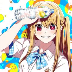 Rule 34 | 1girl, 4b-enpitsu, blonde hair, blue bow, blue bowtie, blush, bottle, bow, bowtie, chromatic aberration, clenched teeth, collared shirt, commentary, film grain, hair between eyes, highres, holding, holding bottle, hoshino ruby, long hair, looking at viewer, mismatched pupils, no pupils, one side up, oshi no ko, pink eyes, plaid, plaid bow, plaid bowtie, shadow, shirt, short sleeves, sidelocks, signature, smile, solo, star-shaped pupils, star (symbol), symbol-shaped pupils, teeth, upper body, white shirt