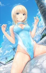Rule 34 | 1girl, bare shoulders, blonde hair, blue sky, blue one-piece swimsuit, breasts, building, bush, cleavage cutout, clothing cutout, cloud, coffee-kizoku, day, groin, hands up, highres, long hair, medium breasts, mele retanagua, one-piece swimsuit, open mouth, original, outdoors, skindentation, sky, solo, straddling, swimsuit, thighs, tree, wet