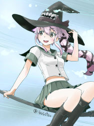 Rule 34 | 10s, 1girl, :d, broom, brown eyes, hair ornament, hair ribbon, hat, ikusotsu, kantai collection, long hair, open mouth, pleated skirt, purple hair, ribbon, riding, side ponytail, sidesaddle, skirt, smile, solo, wind, witch hat, yura (kancolle)