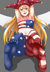 Rule 34 | 1girl, absurdres, adapted costume, american flag legwear, arms up, ayakumo, bandeau, blonde hair, clownpiece, fang, feet, flat chest, hat, highres, jester cap, licking lips, long hair, looking at viewer, midriff, navel, no shoes, open mouth, pantyhose, red eyes, simple background, soles, solo, strapless, striped clothes, striped pantyhose, toes, tongue, tongue out, touhou, tube top, very long hair