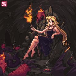 Rule 34 | 1girl, animated, animated gif, barefoot, black dress, blonde hair, cave, commentary, commission, demon, dress, english commentary, fire, ioruko, looking at viewer, original, pixel art, sitting, smile, solo, torch, witch, yellow eyes