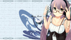 Rule 34 | 1girl, alternate costume, animal ears, bad id, bad pixiv id, bare shoulders, bespectacled, breasts, casual, character name, cleavage, contemporary, feathers, female focus, glasses, grey eyes, hat, headphones, highres, kuroi mizore, mystia lorelei, purple hair, short hair, smile, solo, touhou, wallpaper, wings