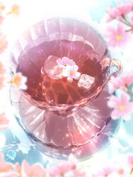Rule 34 | blue sky, cherry blossoms, cup, day, glass plate, glass saucer, glass teacup, highres, jellyfish, makoron117117, no humans, original, outdoors, reflection, saucer, sky, tea, teacup