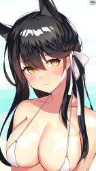 Rule 34 | 1girl, animal ears, arms at sides, atago (azur lane), atago (summer march) (azur lane), azur lane, bikini, black hair, blush, breasts, cleavage, closed mouth, collarbone, head tilt, highres, large breasts, long hair, looking at viewer, mole, mole under eye, ribbon, sideboob, solo, swept bangs, swimsuit, team moka, upper body, white bikini, white ribbon