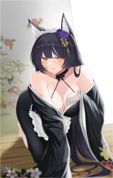 Rule 34 | 1girl, absurdres, all fours, animal ear fluff, animal ears, apron, azur lane, bare shoulders, black hair, black kimono, breasts, cleavage, facial mark, floral print, flower, fox ears, frilled apron, frilled gloves, frilled hairband, frills, gloves, hair flower, hair ornament, hairband, highres, indoors, japanese clothes, kimono, kitsune, large breasts, long hair, long sleeves, looking at viewer, maid, maid headdress, musashi (azur lane), musashi (violet moonglow) (azur lane), official alternate costume, purple flower, slit pupils, slqnsdl, solo, very long hair, wa maid, whisker markings, white gloves, wide sleeves, wooden floor