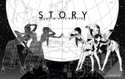 Rule 34 | 3girls, black footwear, dress, earth (planet), english text, from side, globe, greyscale, grgr27, long dress, looking down, looking up, mirror twins, monochrome, multiple girls, original, planet, ponytail, short hair, silhouette, standing, star (sky)