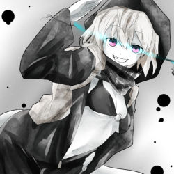 Rule 34 | 10s, 1girl, abyssal ship, breasts, cleavage, glowing, glowing eyes, grin, hood, kantai collection, long sleeves, navel, pale skin, pink eyes, re-class battleship, scarf, short hair, silver hair, smile, solo, watarui