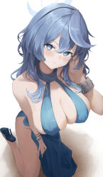 Rule 34 | 1girl, ako (blue archive), ako (dress) (blue archive), black hairband, blue archive, blue dress, blue eyes, blue footwear, blue hair, blue halo, blush, breasts, cleavage, closed mouth, cuffs, dress, earrings, hair between eyes, hairband, halo, handcuffs, high heels, highres, jewelry, kneeling, large breasts, long hair, looking at viewer, nev (nevblindarts), official alternate costume, sideboob, sleeveless, sleeveless dress, solo