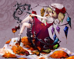 Rule 34 | 1girl, bad id, bad pixiv id, blonde hair, cake, female focus, flandre scarlet, food, hat, mob cap, one side up, pastry, ponytail, red eyes, short hair, side ponytail, solo, touhou, wings, yonago