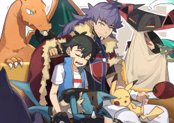 Rule 34 | 2boys, ash ketchum, baseball cap, black headwear, blue jacket, cape, champion uniform, charizard, closed eyes, closed mouth, commentary request, creatures (company), dark-skinned male, dark skin, dragapult, dreepy, facial hair, fur-trimmed cape, fur trim, game freak, gen 1 pokemon, gen 4 pokemon, gen 8 pokemon, gengar, gloves, hat, highres, holding, holding clothes, holding hat, jacket, leggings, leon (pokemon), long hair, looking down, lucario, male focus, mouth hold, multiple boys, nintendo, open mouth, ou negi, pikachu, pokemon, pokemon (anime), pokemon (creature), pokemon journeys, purple hair, red cape, shield print, shirt, short sleeves, shorts, single glove, sitting, sleeping, sleeveless, sleeveless jacket, smile, sword print, t-shirt, teeth, tongue, unworn hat, unworn headwear, white legwear, white shirt, white shorts, yellow eyes