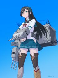 Rule 34 | 1girl, black hair, blue hairband, blue skirt, cannon, feet out of frame, geometrie, glasses, green eyes, hairband, highres, hip vent, holding, holding turret, kantai collection, long hair, necktie, ooyodo (kancolle), pleated skirt, radio antenna, red necktie, school uniform, serafuku, skirt, smile, solo, thighhighs, turret, twitter username