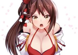 Rule 34 | 1girl, azur lane, bare shoulders, breasts, brown hair, cleavage, dress, flower, hair flower, hair ornament, ishida katsuzane, japanese clothes, kimono, large breasts, leaning forward, long hair, looking at viewer, open mouth, red dress, red flower, side ponytail, simple background, sleeveless, sleeveless dress, solo, white background, white kimono, yellow eyes, zuikaku (azur lane)