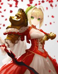 Rule 34 | 10s, 1girl, aestus estus, ahoge, armor, armored dress, bangosu, blonde hair, blurry, breasts, cleavage, cleavage cutout, clothing cutout, cowboy shot, depth of field, dress, fate/extra, fate (series), fingerless gloves, gauntlets, gloves, gold armor, green eyes, hair intakes, holding, holding sword, holding weapon, long sleeves, looking at viewer, medium breasts, nero claudius (fate), nero claudius (fate) (all), nero claudius (fate/extra), outstretched arm, pauldrons, petals, red dress, short hair, shoulder armor, solo, standing, sword, v-shaped eyebrows, weapon, wreath