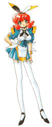 Rule 34 | 1990s (style), 1girl, animal ears, black footwear, corvette hiyards, fake animal ears, full body, garter straps, green eyes, hand on own hip, high heels, highres, idol project, looking at viewer, official art, pink eyes, puffy sleeves, retro artstyle, short sleeves, simple background, skirt, smile, solo, suzuki noritaka, thighhighs, white background, white thighhighs, wrist cuffs