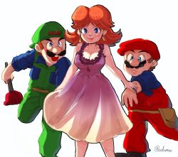 Rule 34 | 1girl, 2boys, arm grab, backwards hat, bare shoulders, baseball cap, blue eyes, breasts, brown hair, cabbie hat, cleavage, closed mouth, dress, earrings, facial hair, fanny pack, green headwear, hat, holding, jewelry, large breasts, lips, long hair, looking at another, luigi, mario, mario (series), multiple boys, mustache, nintendo, nm qi, open mouth, parody, plunger, princess daisy, red headwear, short sleeves, simple background, sleeveless, sleeveless dress, smile, standing, standing on one leg, super mario bros. 1, super mario bros. (film), super mario land, teeth, twitter username, watch, white background, wristwatch