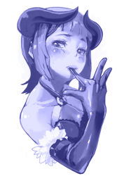 Rule 34 | 1girl, amami haruka, bare shoulders, biting, blue theme, blush, elbow gloves, face, glove biting, glove pull, gloves, highres, horns, idolmaster, idolmaster (classic), kousaku, looking at viewer, monochrome, mouth hold, naughty face, solo