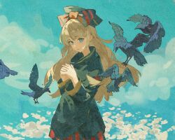 Rule 34 | 1girl, absurdres, bird, black bow, black dress, black hat, black sleeves, blonde hair, blue eyes, bow, chinese commentary, cloud, commentary request, cowboy shot, crow, day, dress, field, fingernails, flower, flower field, hat, hat bow, highres, interlocked fingers, long hair, long sleeves, looking at viewer, original, outdoors, own hands clasped, own hands together, parted lips, peaked cap, red bow, short dress, solo, striped bow, turtleneck, turtleneck dress, two-tone bow, vertical-striped bow, white flower, yangleyuan, yellow pupils