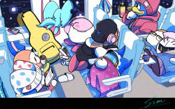 Rule 34 | animal ears, baseball cap, beanie, chef kawasaki, colored skin, cup, disposable cup, elfilin, glasses, glowstick, guitar case, hat, highres, instrument case, king dedede, kirby (series), kirby 30th anniversary music festival, looking outside, magolor, marx (kirby), mask, meta knight, mouse ears, nintendo, notched ear, orange skin, phone, pink skin, rayman limbs, reading, signature, simon (kabo chips), sitting, sleep mask, sleeping, train interior, waddle dee