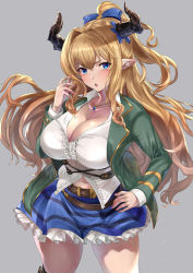 Rule 34 | 1girl, belt, blonde hair, blue eyes, blue ribbon, blue skirt, blush, breasts, cleavage, collarbone, curvy, draph, dress shirt, granblue fantasy, green jacket, hair between eyes, twirling hair, highres, horns, hotate-chan, jacket, jewelry, large breasts, long hair, long sleeves, looking at viewer, navel, necklace, open mouth, pointy ears, ponytail, razia, ribbon, school uniform, shirt, simple background, skirt, solo, standing, thick thighs, thighs, very long hair