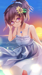 Rule 34 | 1girl, arm behind back, artist name, blue dress, breasts, brown hair, character name, cleavage, closed mouth, commentary, cowboy shot, daisy, dress, english text, flower, glasses, hair ornament, hair scrunchie, hand in own hair, happy halloween, highres, horizon, jewelry, leaning forward, looking at viewer, medium breasts, medium dress, medium hair, mitake eil, necklace, ocean, original, purple eyes, red-framed eyewear, scrunchie, short ponytail, signature, sleeveless, sleeveless dress, smile, solo, spaghetti strap, standing, sundress, sunset, white scrunchie, wind, wind lift, yellow flower