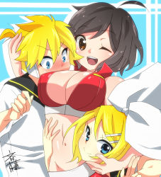 Rule 34 | 1boy, 2girls, ahoge, bad id, bad pixiv id, blue eyes, blush, breast smother, breasts, cleavage, face to breasts, hair ornament, hair ribbon, hairclip, hug, kagamine len, kagamine rin, large breasts, looking at breasts, meiko (vocaloid), midriff, multiple girls, navel, one eye closed, open mouth, ribbon, short hair, signature, sukoyaka (100hituzi), vocaloid, wink