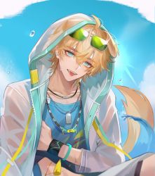Rule 34 | 1boy, :d, ahoge, animal ears, arknights, blue shirt, blue sky, cloud, day, dog ears, eyewear on head, hair between eyes, head tilt, highres, hood, hooded jacket, infection monitor (arknights), jacket, jewelry, jiugongyue akira, long sleeves, looking at viewer, male focus, necklace, open clothes, open jacket, open mouth, outdoors, shirt, sky, smile, solo, sunglasses, tequila (arknights), tongue, tongue out, upper body, white jacket