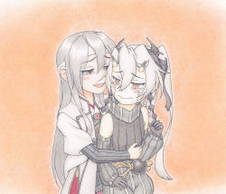 Rule 34 | 2girls, abyssal crane princess, abyssal ship, artist request, colored pencil (medium), colored skin, detached sleeves, green eyes, green hair, hair between eyes, headband, highres, horns, hug, hug from behind, japanese clothes, kantai collection, long hair, multiple girls, muneate, red eyes, remodel (kantai collection), simple background, tears, traditional media, white hair, white skin, zuikaku (kancolle)