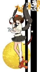 Rule 34 | 1girl, bird wings, black necktie, black skirt, black wings, breasts, brown eyes, brown hair, collared shirt, commentary request, frilled skirt, frills, full body, geta, hat, highres, holding, holding notebook, holding pencil, iwaserie, leaf, looking at viewer, looking to the side, maple leaf, medium breasts, miniskirt, necktie, no mouth, notebook, pencil, pom pom (clothes), profile, puffy short sleeves, puffy sleeves, red footwear, red hat, shameimaru aya, shirt, shoes, short hair, short sleeves, skirt, socks, solo, striped, striped background, tengu-geta, tokin hat, touhou, white background, white shirt, white socks, wings