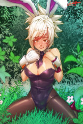 Rule 34 | 1girl, alternate costume, animal ears, battle bunny riven, breasts, cleavage, deathwingxiii, detached collar, fake animal ears, folded ponytail, league of legends, leotard, pantyhose, playboy bunny, rabbit ears, riven (league of legends), short hair, solo, white hair, wrist cuffs