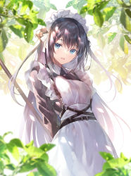Rule 34 | 1girl, :d, apron, arms behind back, black hair, blue eyes, blurry, blurry background, blurry foreground, branch, breasts, broom, highres, leaf, long hair, looking at viewer, maid, maid apron, maid headdress, medium breasts, miwabe sakura, open mouth, original, small breasts, smile, twintails, very long hair