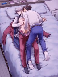 Rule 34 | 2boys, ace attorney, bed, black hair, chizuma, grey hair, hand under clothes, holding hands, male focus, male underwear, miles edgeworth, multiple boys, phoenix wright, sex toy, spiked hair, underwear, undressing another, yaoi