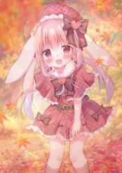 Rule 34 | 1girl, absurdres, animal ears, arm up, autumn, autumn leaves, belt, blush, brown socks, capelet, child, dress, hanasakichu, hand on headwear, hand on own thigh, hat, highres, kneehighs, leaf, long hair, looking at viewer, low twintails, open mouth, original, outdoors, pink hair, plaid, plaid capelet, plaid dress, plaid headwear, rabbit ears, rabbit girl, red capelet, red dress, red eyes, red hat, short dress, smile, socks, solo, twintails