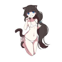 Rule 34 | 1girl, absurdres, animal ears, bare arms, bare shoulders, barefoot, bikini, black hair, blue eyes, cat ears, cat girl, cat tail, collarbone, commentary request, full body, grin, hand up, highres, long hair, looking at viewer, original, shirasu youichi, side-tie bikini bottom, simple background, smile, solo, swimsuit, tail, very long hair, white background, white bikini