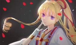 Rule 34 | 1girl, blonde hair, chess piece, cocomarron, cross, earrings, expressionless, forehead jewel, gloves, grey background, holding, jewelry, kaitou jeanne, kamikaze kaitou jeanne, kusakabe maron, lips, long hair, looking at viewer, petals, ponytail, purple eyes, red ribbon, ribbon, ringlets, solo, upper body, white gloves, wristband