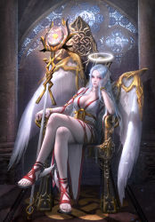 1girl absurdres blue_hair breasts cleavage commentary crossed_legs female_focus full_body glowing gold_trim halo heart highres indoors large_breasts long_hair looking_at_viewer multicolored_clothes original peachpa red_eyes red_footwear sitting solo stained_glass throne wings