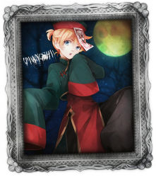 Rule 34 | 1boy, blonde hair, blue eyes, hat, jiangshi, kagamine len, male focus, moon, ofuda, open mouth, picture frame, qingdai guanmao, short hair, solo, tama (songe), traditional clothes, vocaloid