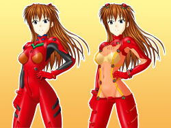 Rule 34 | 1girl, alternate costume, artist request, ass, blue eyes, bodysuit, breasts, brown hair, covered navel, evangelion: 2.0 you can (not) advance, hair between eyes, hair ornament, hand on own hip, highres, long hair, medium breasts, neon genesis evangelion, pilot suit, plugsuit, rebuild of evangelion, red bodysuit, see-through, see-through bodysuit, shiny clothes, simple background, smile, souryuu asuka langley, sweat, test plugsuit, translation request, very long hair, wide hips