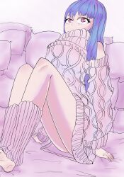 Rule 34 | 1girl, bed, blue hair, cushion, full body, multicolored hair, no panties, one piece, pink background, pink eyes, revealing clothes, sitting, thighhighs, thighs, ulti (one piece)