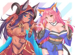 Rule 34 | 2girls, absurdres, animal ear fluff, animal ears, aqua eyes, bare shoulders, blue kimono, blue legwear, blue ribbon, breasts, bridal gauntlets, circlet, cleavage, collarbone, dark-skinned female, dark skin, detached sleeves, ears through headwear, egyptian clothes, eyeliner, fate/extella, fate/extra, fate/extra ccc, fate/grand order, fate (series), forehead jewel, fox ears, fox girl, fox shadow puppet, fox tail, gem, groin, hair ribbon, head chain, heart, heart hands, heart hands duo, highres, huge filesize, jackal ears, japanese clothes, jewelry, jifuwabe, kimono, large breasts, long hair, looking at viewer, makeup, multiple girls, open mouth, pink hair, purple hair, queen of sheba (fate), ribbon, tail, tamamo (fate), tamamo no mae (fate/extra), thighhighs, thighs, yellow eyes
