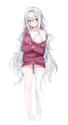 Rule 34 | 1girl, absurdres, ahoge, animal ear legwear, bare shoulders, barefoot, breasts, cat ear legwear, cleavage, closed mouth, collarbone, commentary request, full body, hair between eyes, highres, jacket, kamioka shun&#039;ya, large breasts, long hair, long sleeves, looking at viewer, no shoes, off shoulder, open clothes, open jacket, original, puffy long sleeves, puffy sleeves, purple eyes, purple jacket, shiori (kamioka shun&#039;ya), simple background, single thighhigh, sleeves past wrists, solo, standing, thighhighs, very long hair, white background, white hair, white thighhighs