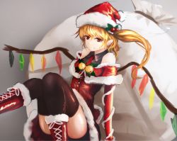 Rule 34 | 1girl, blonde hair, blush, boots, breasts, christmas, cross-laced footwear, flandre scarlet, fur-trimmed boots, fur boots, fur trim, gift, hat, lace-up boots, long hair, looking at viewer, lumo 1121, open mouth, red eyes, red footwear, sack, santa boots, santa costume, santa hat, short hair, side ponytail, smile, solo, thighhighs, touhou, wings