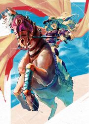 Rule 34 | 1boy, animal, artist name, blonde hair, brown hat, cape, clenched teeth, commentary, facial hair, floating hair, fujisee, goggles, goggles on headwear, golden spiral, green eyes, gyro zeppeli, hat, highres, holding, holding reins, horse, horseback riding, jojo no kimyou na bouken, long hair, male focus, rearing, reins, riding, solo, spurs, steel ball run, symbol-only commentary, teeth, twitter username