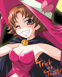 Rule 34 | 00s, 1girl, adjusting clothes, adjusting headwear, breasts, brown eyes, brown hair, cape, earrings, gloves, grin, halloween, hat, jack-o&#039;-lantern, jewelry, matsushima kei, natsuki rin, one eye closed, precure, pumpkin, short hair, smile, solo, trick or treat, wink, witch, witch hat, yes! precure 5