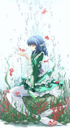 Rule 34 | 1girl, animal ears, blue eyes, blue hair, blush, bubble, cloudy.r, fins, fish, head fins, highres, japanese clothes, kimono, long sleeves, matching hair/eyes, mermaid, monster girl, obi, open mouth, sash, seaweed, short hair, sitting, solo, touhou, underwater, wakasagihime, wide sleeves