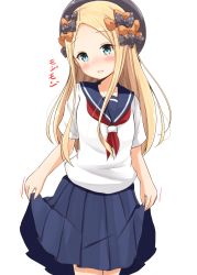 Rule 34 | 1girl, abigail williams (fate), absurdres, aikawa ryou, alternate costume, black bow, black hat, blonde hair, blue eyes, blue skirt, blush, bow, clothes lift, fate/grand order, fate (series), hair bow, hat, highres, lifted by self, long hair, looking at viewer, open mouth, orange bow, parted bangs, polka dot, polka dot bow, sailor collar, school uniform, shirt, short sleeves, simple background, skirt, skirt lift, solo, translation request, white background, white shirt