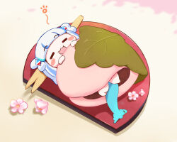 Rule 34 | :d, = =, blue hair, blush stickers, chibi, chibi only, closed eyes, commentary request, fins, fish tail, food, gawr gura, grey hair, hair ornament, highres, hololive, hololive english, hosizora, multicolored hair, open mouth, sakura mochi, shark hair ornament, shark tail, smile, spring (season), streaked hair, tail, under covers, virtual youtuber, wagashi