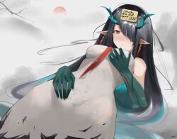 Rule 34 | 1girl, aqua hair, arknights, bare shoulders, black hair, blush, breasts, character name, closed mouth, colored skin, covered navel, dragon horns, dress, dusk (arknights), earrings, english text, eroborne, from below, grabbing own breast, green skin, hair over one eye, hand on own stomach, heart, heart-shaped pupils, highres, horns, jewelry, long hair, looking down, medium breasts, multicolored hair, necktie, note, pointy ears, red eyes, red necktie, sleeveless, sleeveless dress, solo, symbol-shaped pupils, two-tone hair, very long hair, white dress
