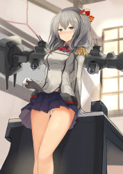Rule 34 | 10s, 1girl, beret, blue skirt, buttons, cannon, closed mouth, clothes lift, double-breasted, epaulettes, eyebrows, from below, gloves, grey eyes, grey hair, hair between eyes, hat, highres, indoors, kantai collection, kashima (kancolle), lifting own clothes, long hair, long sleeves, looking at viewer, military, military uniform, miniskirt, panties, pantyshot, pleated skirt, searchlight, shirt lift, sketch, skirt, smile, solo, standing, striped, table, thigh gap, turret, underwear, uniform, upskirt, wavy hair, weapon, white gloves, white panties, window, yoshizawa tsubaki