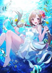Rule 34 | 1girl, absurdres, air bubble, brown eyes, brown hair, bubble, clownfish, copyright request, dress, eumi 114, fish, flower, foot out of frame, hair flower, hair ornament, highres, looking at viewer, open mouth, smile, solo, surgeonfish, teeth, underwater, upper teeth only, white dress
