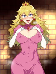 Rule 34 | 1girl, areola slip, blonde hair, blue eyes, blush, breast suppress, breasts, cleavage, cleavage cutout, clothing cutout, covered erect nipples, dress, female focus, highres, large breasts, long hair, looking at viewer, mario (series), mizuryu kei, naughty face, nintendo, nipples, open mouth, princess peach, smell, smile, solo, standing, tongue, tongue out
